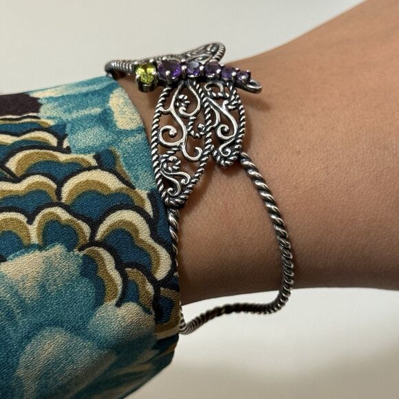 Vintage Carolyn Pollack Dragonfly Amethyst & Peridot Sterling Cuff Bracelet - Picture 3 of 7